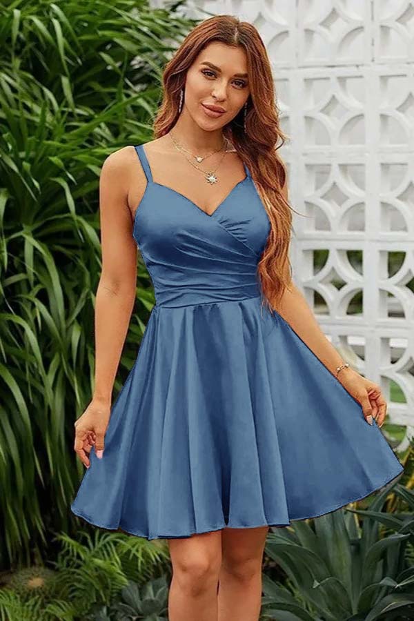 Pink Homecoming Dress Spaghetti Straps Sleeveless V Neck Pleated Short Dress