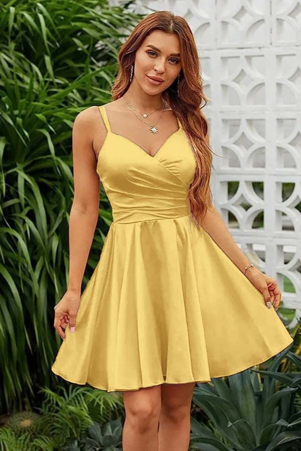 Pink Homecoming Dress Spaghetti Straps Sleeveless V Neck Pleated Short Dress