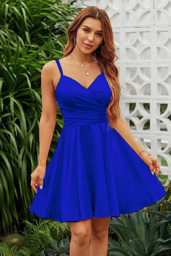 Pink Homecoming Dress Spaghetti Straps Sleeveless V Neck Pleated Short Dress