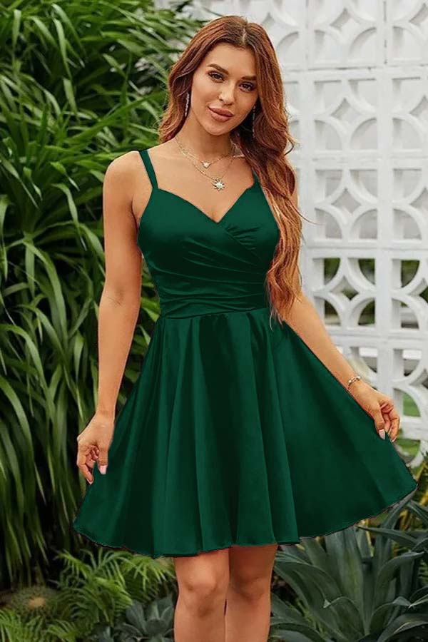 Pink Homecoming Dress Spaghetti Straps Sleeveless V Neck Pleated Short Dress