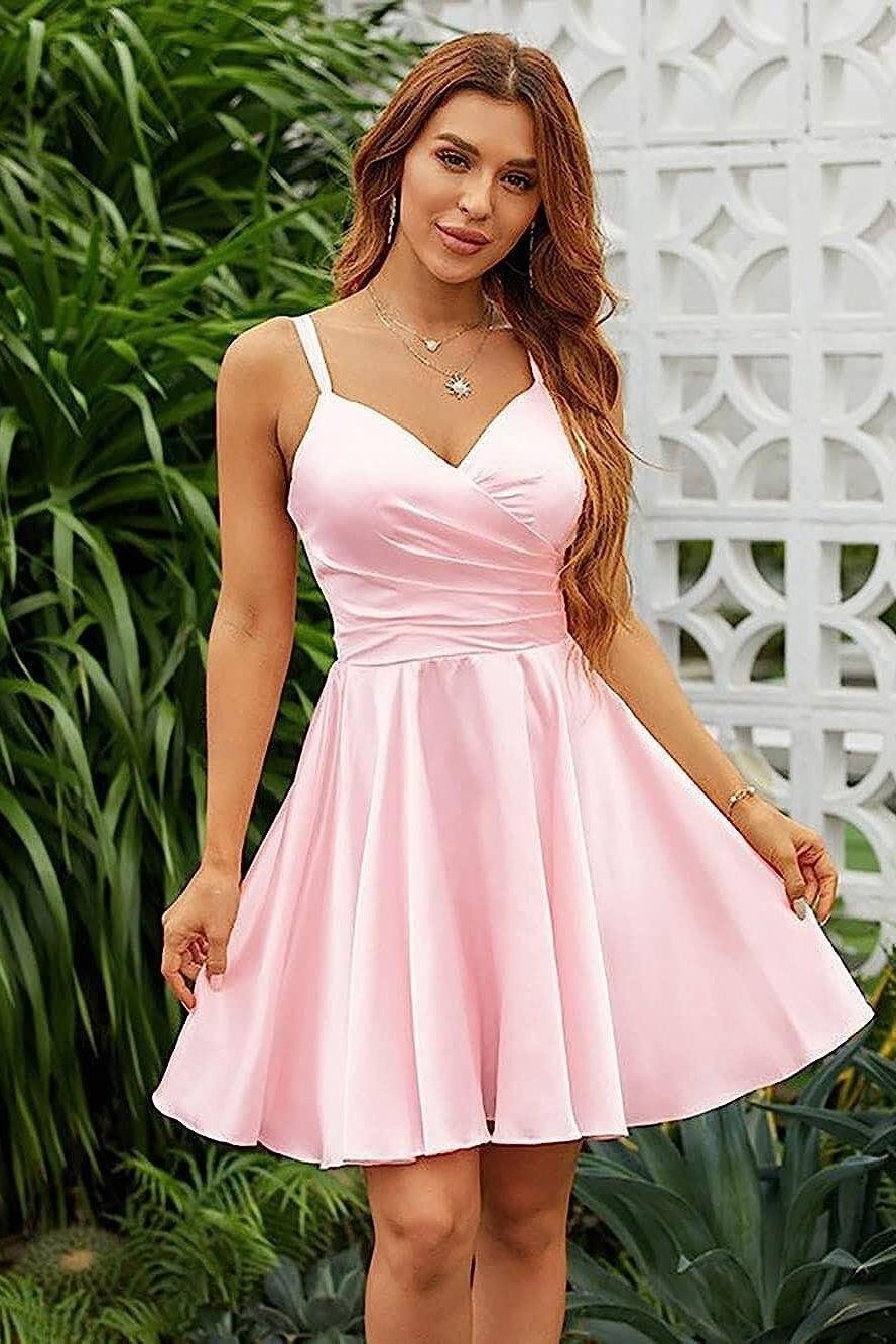 Pink Homecoming Dress Spaghetti Straps Sleeveless V Neck Pleated Short Dress