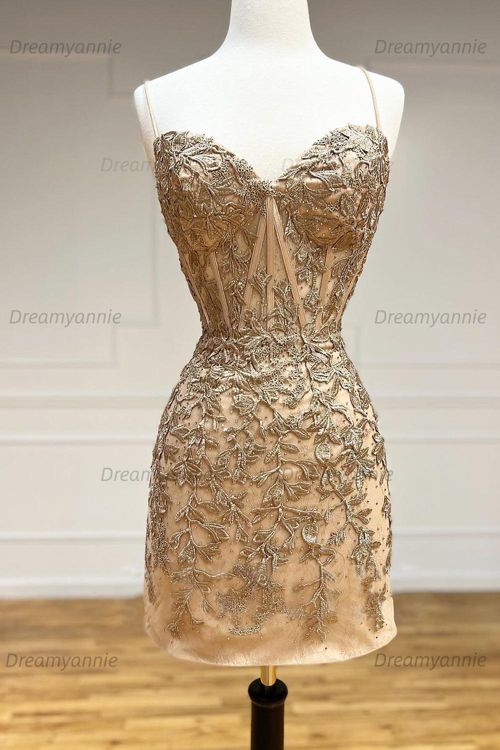 Pink Homecoming Dress Spaghetti Straps Tight Short Cocktail Dresses with Appliques