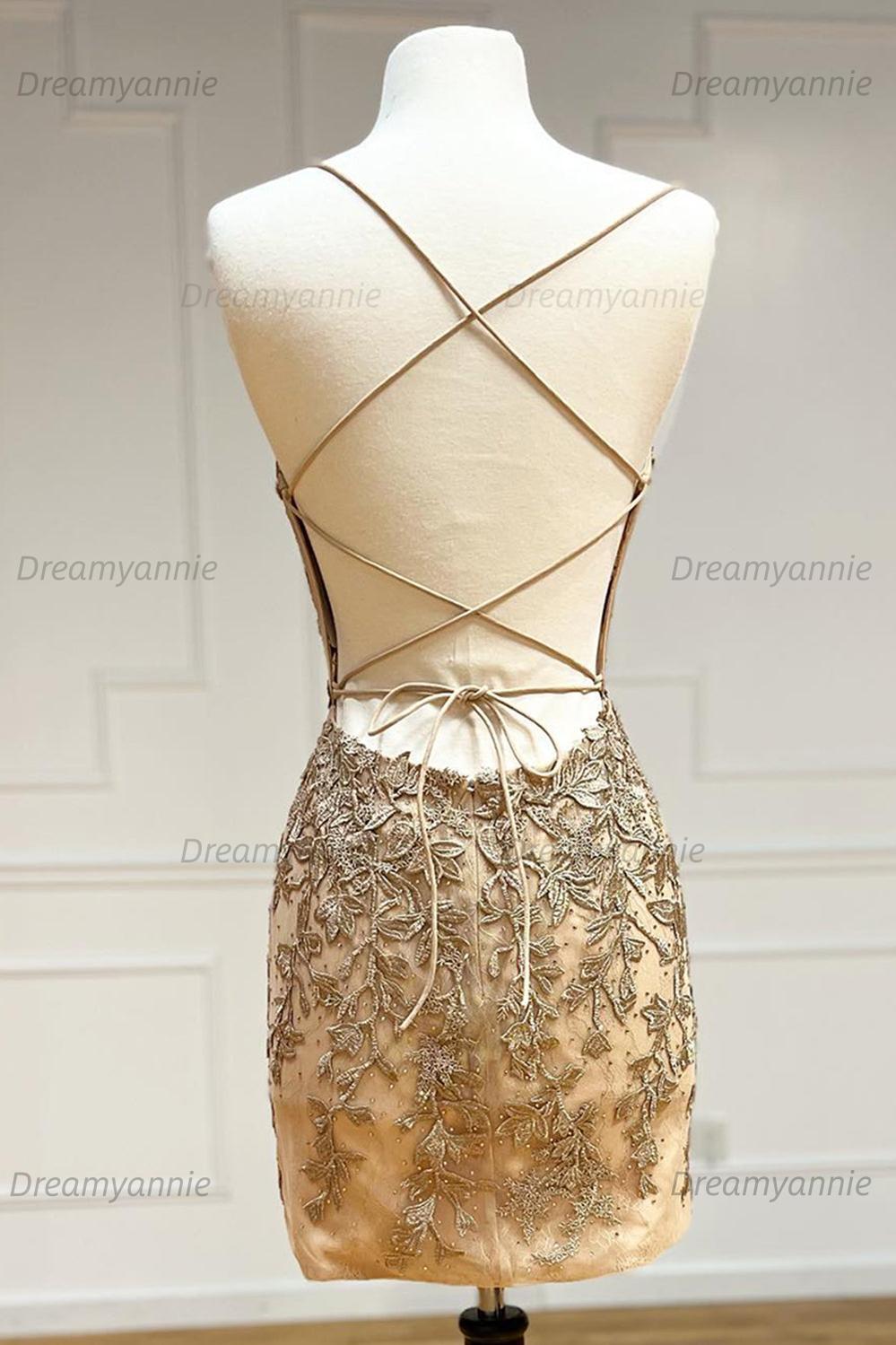 Pink Homecoming Dress Spaghetti Straps Tight Short Cocktail Dresses with Appliques