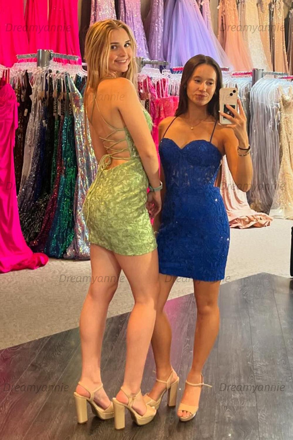 Pink Homecoming Dress Spaghetti Straps Tight Short Cocktail Dresses with Appliques