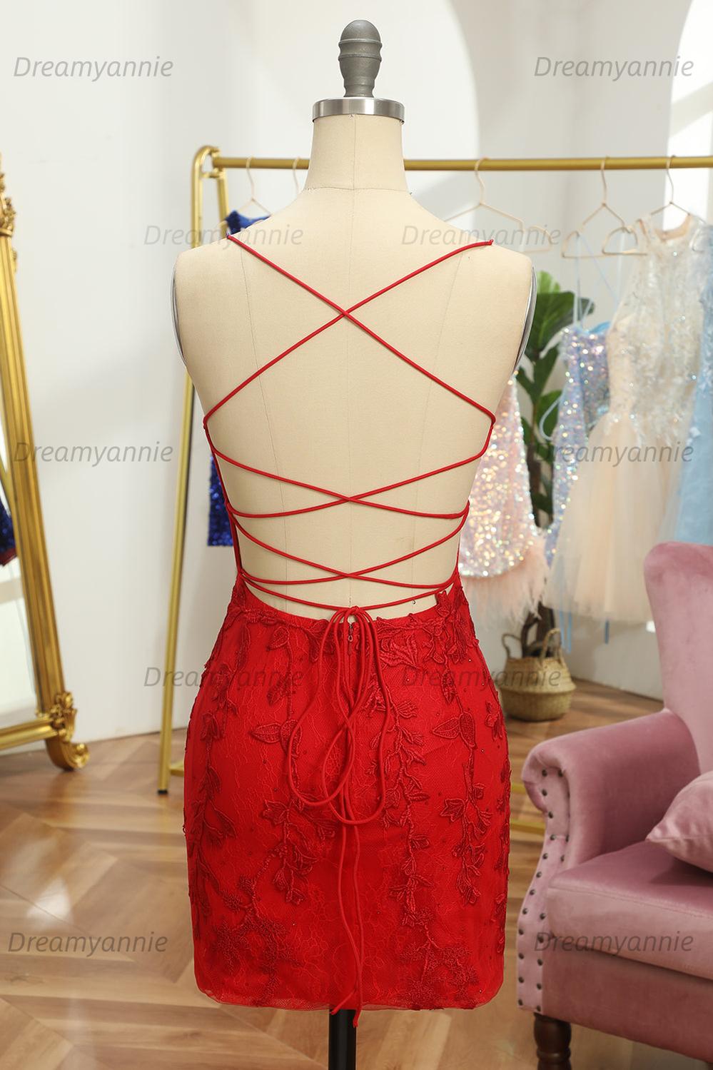 Pink Homecoming Dress Spaghetti Straps Tight Short Cocktail Dresses with Appliques