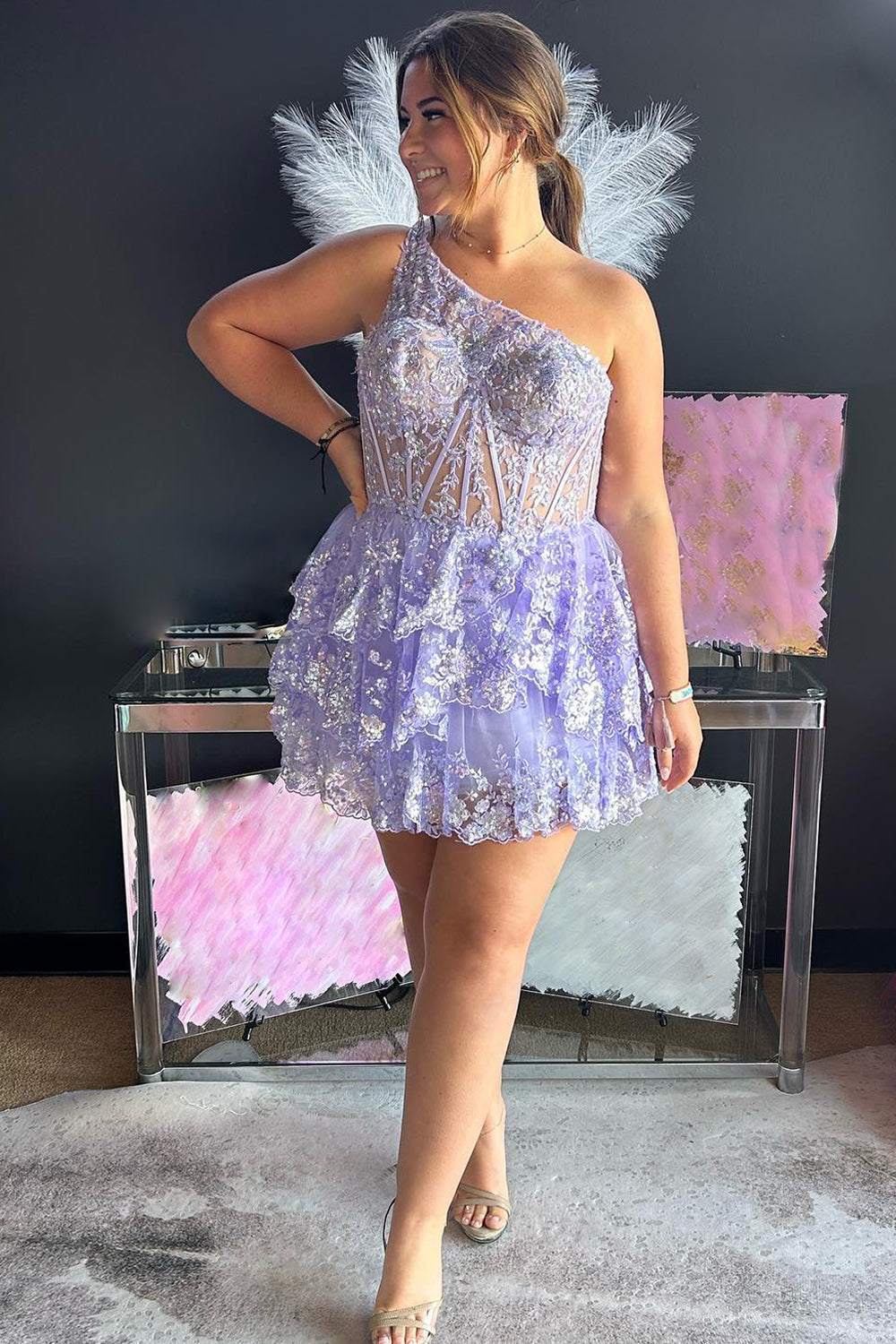Pink Homecoming Dress Tiered Lace One Shoulder Short Cocktail Dresses