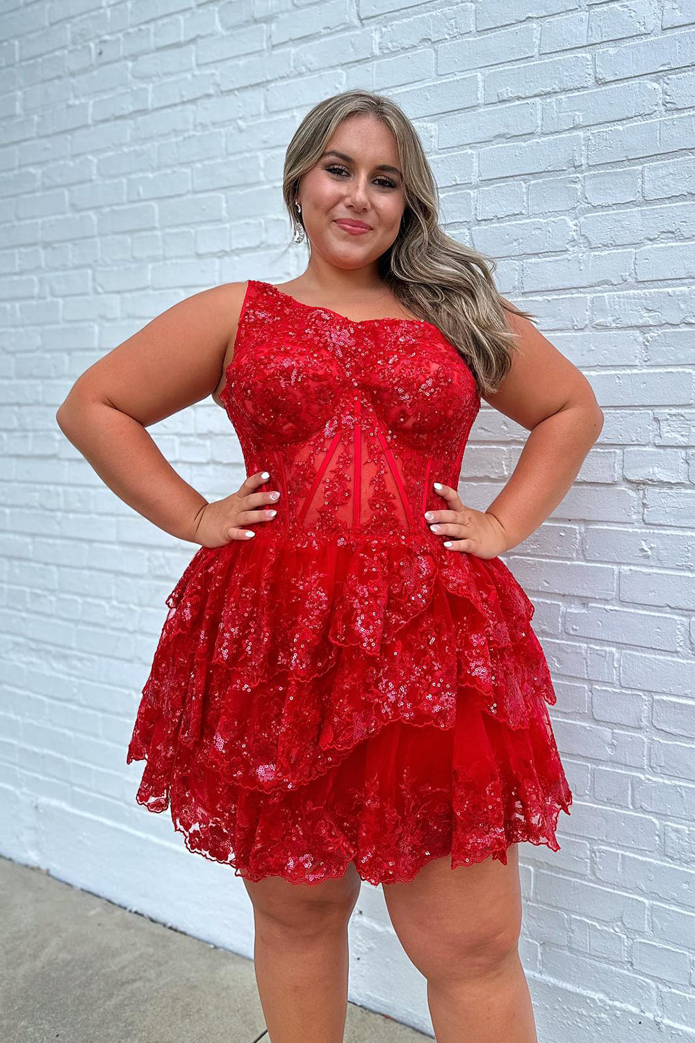 Pink Homecoming Dress Tiered Lace One Shoulder Short Cocktail Dresses
