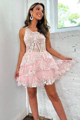 Pink Homecoming Dress Tiered Lace One Shoulder Short Prom Dress