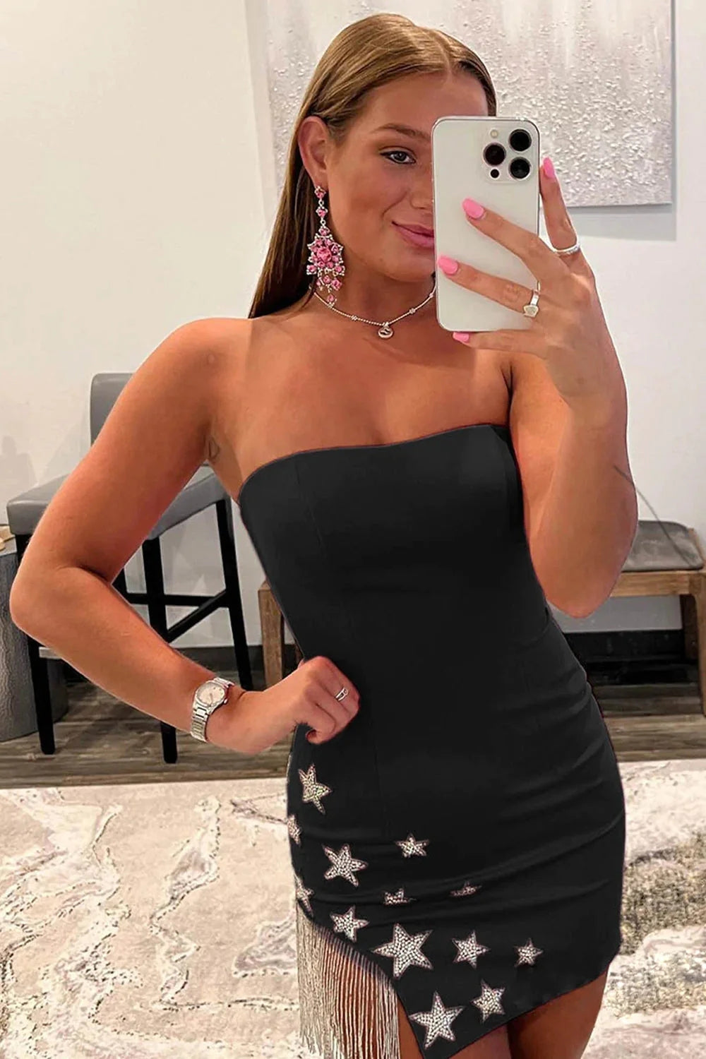Pink Homecoming Dress Tight Cocktail Party Dresses with Star and Fringes