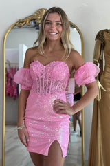 Pink Homecoming Dress Tight Corset Sequined Short Cocktail Dresses with Lace