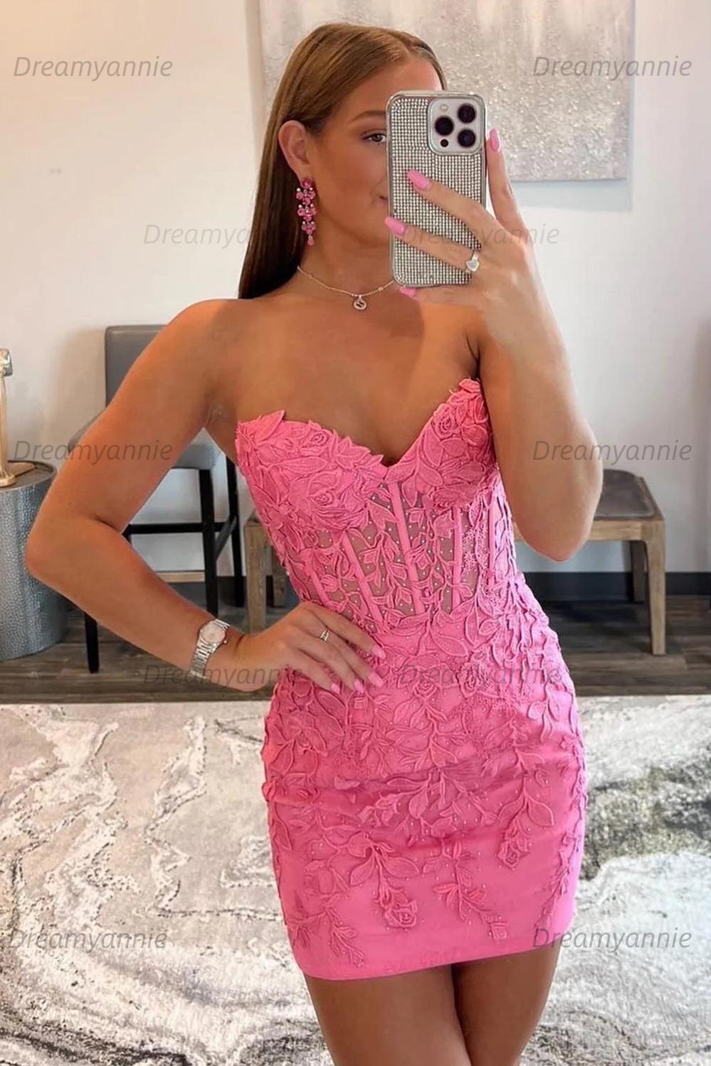 Pink Homecoming Dress Tight Short Cocktail Dresses with Appliques