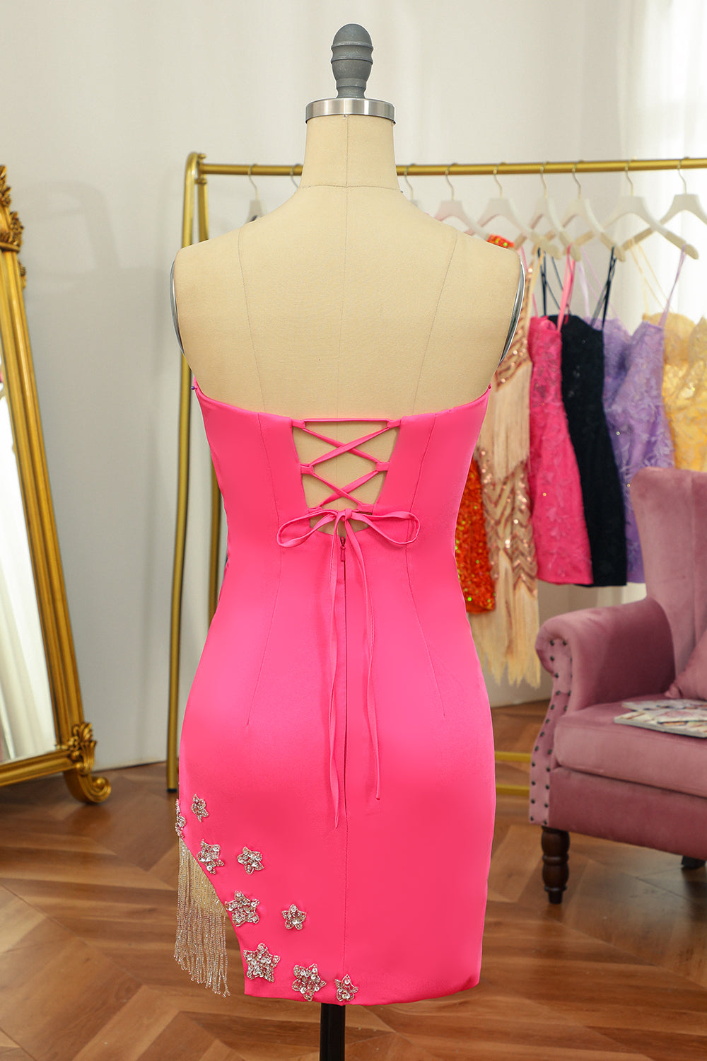 Pink Homecoming Dress Tight Short Prom Dress with Star and Fringes