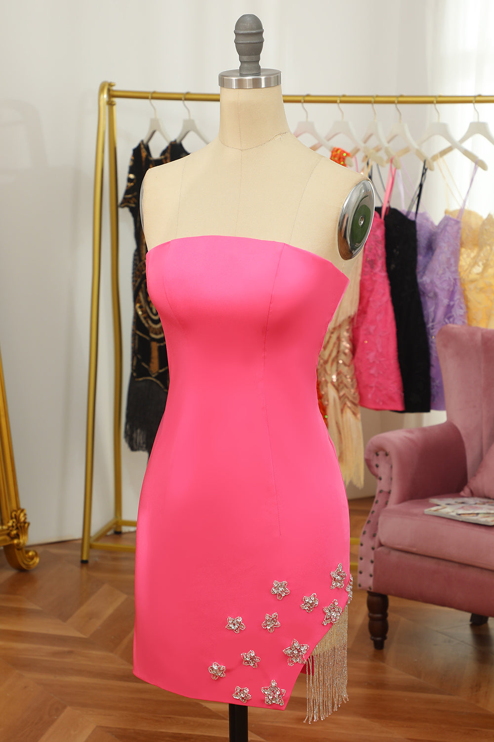 Pink Homecoming Dress Tight Short Prom Dress with Star and Fringes