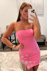Pink Homecoming Dress Tight Short Prom Dress with Star and Fringes