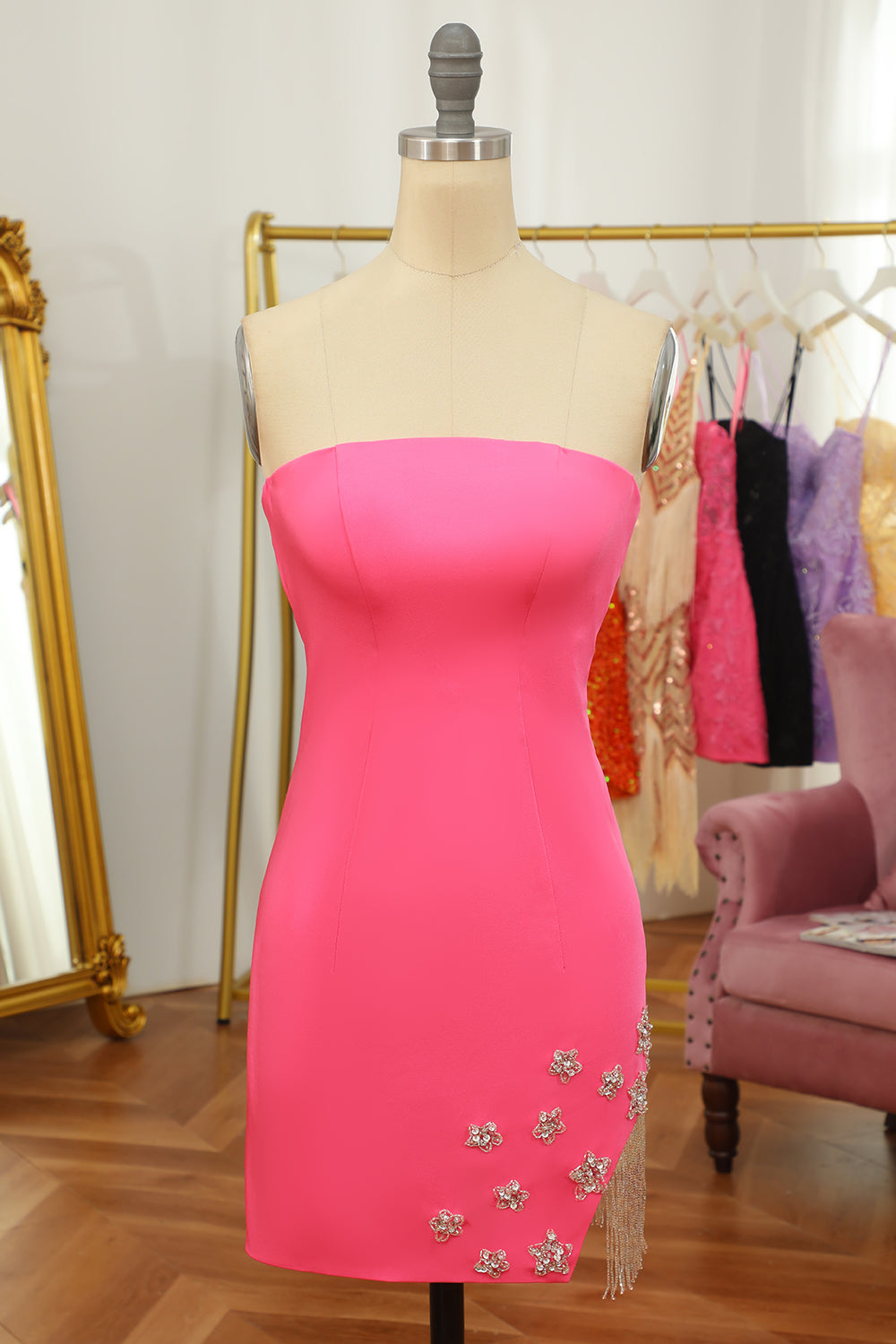 Pink Homecoming Dress Tight Short Prom Dress with Star and Fringes