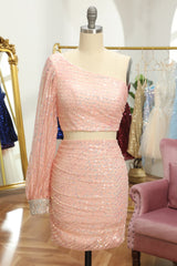 Pink Homecoming Dress Two Piece Sequin Cocktail Party Dresses