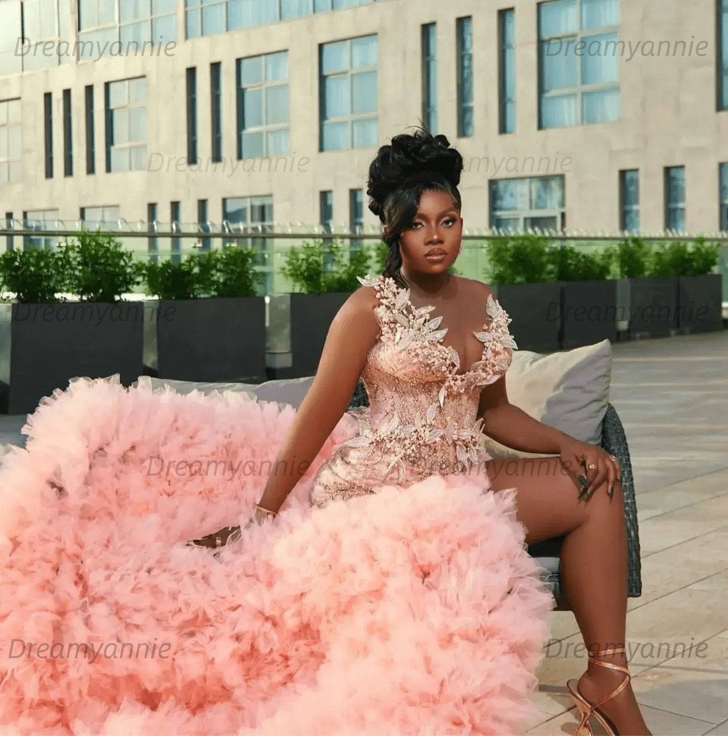 Pink Illusion Crew Neck Prom Dress Mermaid Ruffled Beaded Pearls Formal Dress With Slit