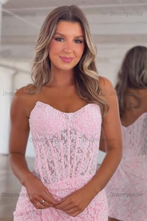 Pink Lace Strapless Corset Mini Homecoming Dress