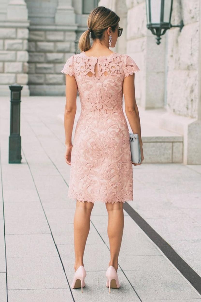 Pink Lace Wedding Guest Dress Sheath/Column Short Sleeve Mother of the Bride Dress