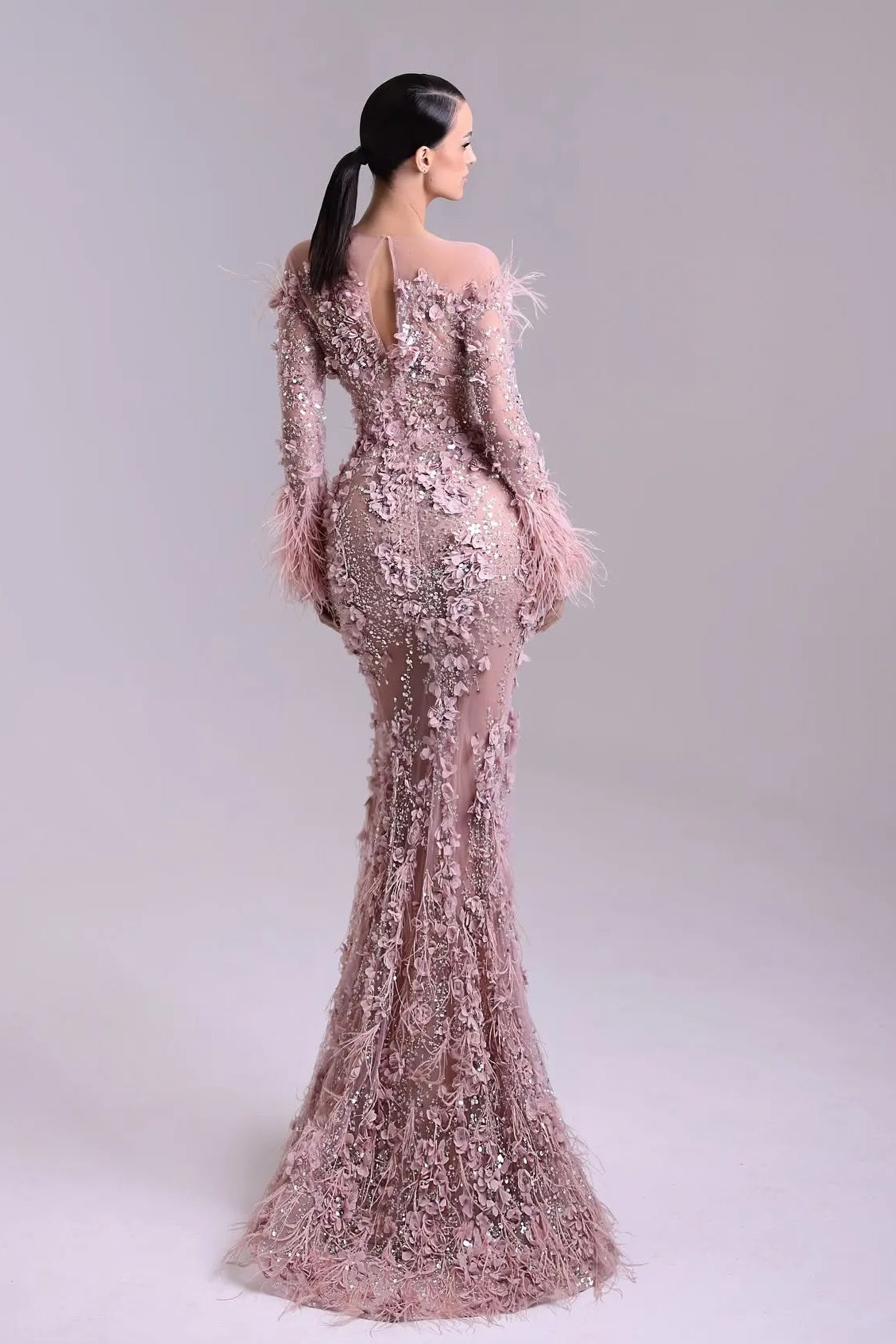 Pink Long Sleeve Formal Dress Mermaid 3D Flower Prom Evening Dress with Feathers