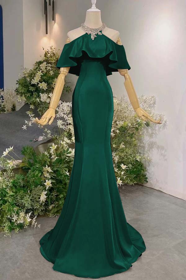 Pink Mermaid Prom Dress Halter Neck Beaded Formal Dress