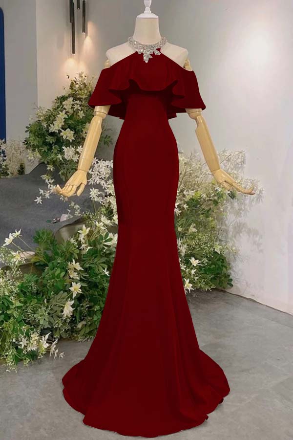 Pink Mermaid Prom Dress Halter Neck Beaded Formal Dress