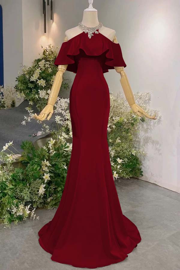 Pink Mermaid Prom Dress Halter Neck Beaded Formal Dress