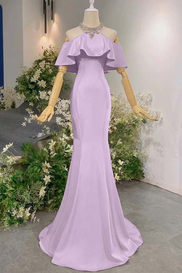 Pink Mermaid Prom Dress Halter Neck Beaded Formal Dress