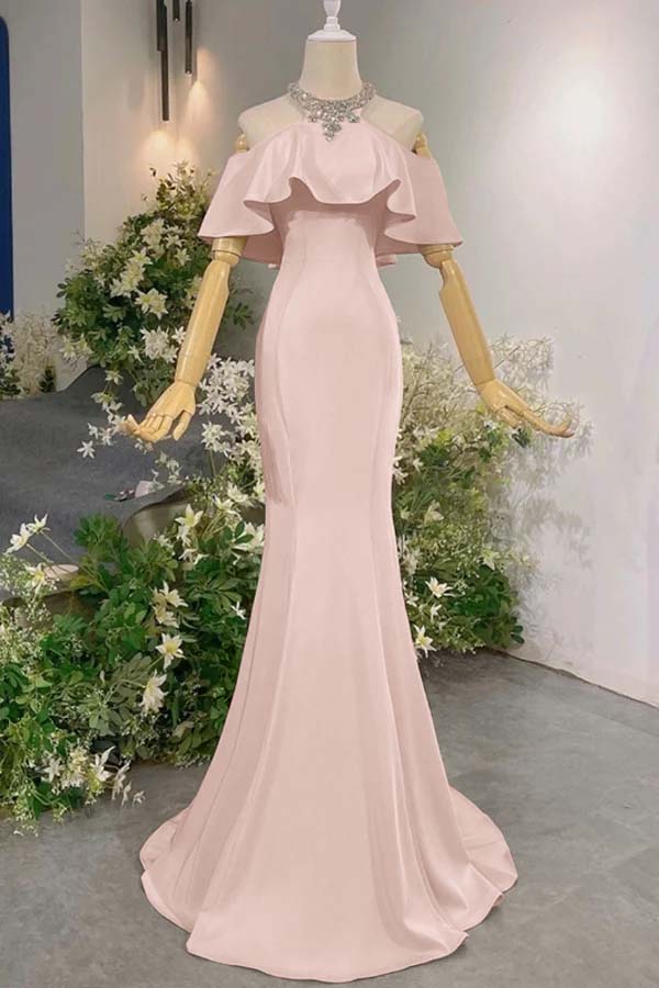 Pink Mermaid Prom Dress Halter Neck Beaded Formal Dress