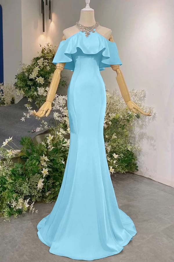 Pink Mermaid Prom Dress Halter Neck Beaded Formal Dress