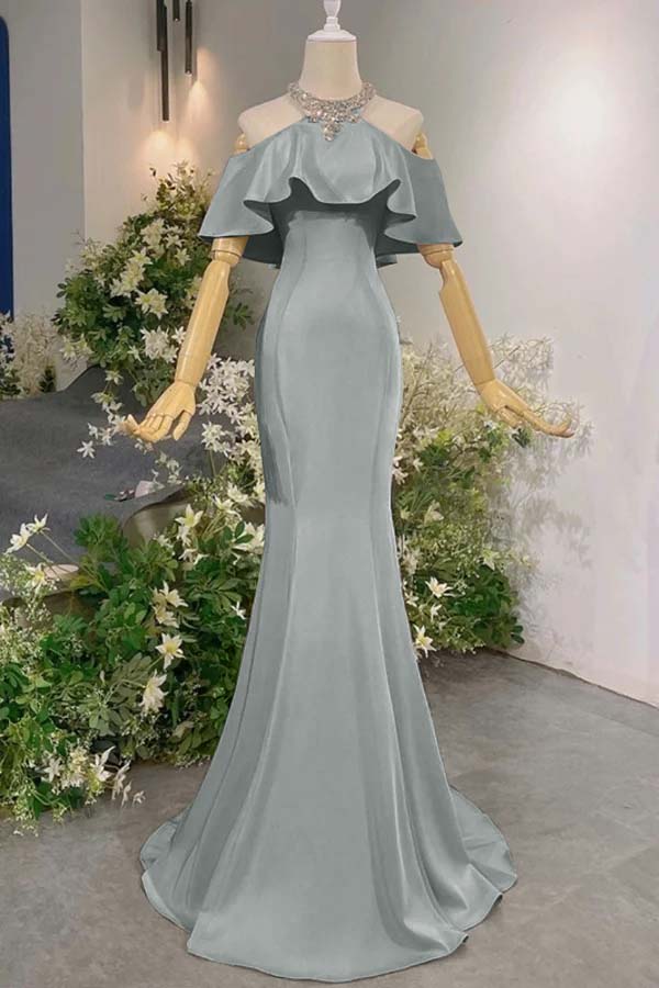 Pink Mermaid Prom Dress Halter Neck Beaded Formal Dress