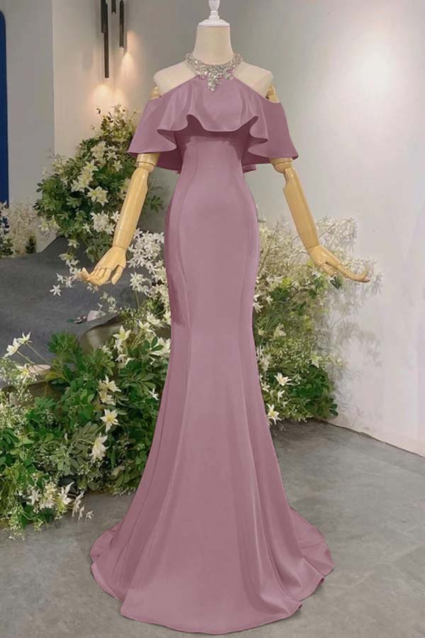 Pink Mermaid Prom Dress Halter Neck Beaded Formal Dress