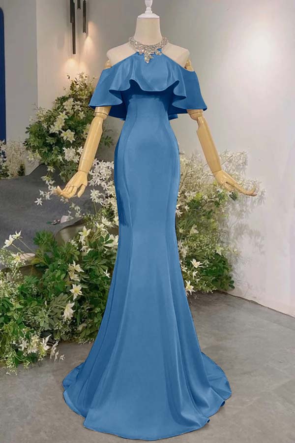 Pink Mermaid Prom Dress Halter Neck Beaded Formal Dress