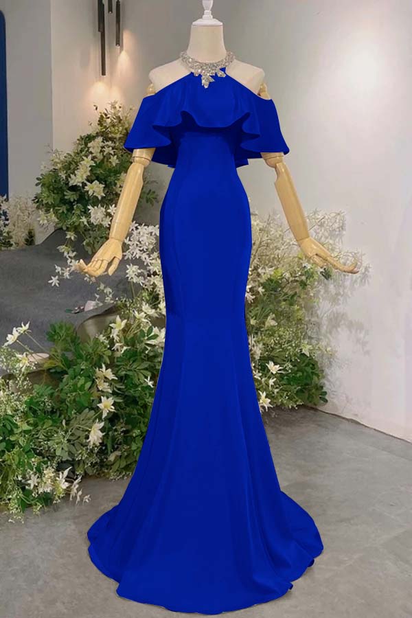 Pink Mermaid Prom Dress Halter Neck Beaded Formal Dress