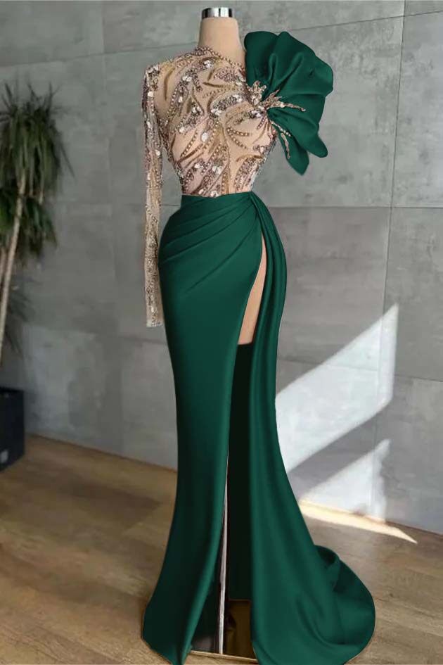 Pink Mermaid Prom Dress Long Sleeve Asymmetric Neck Beaded Formal Dress