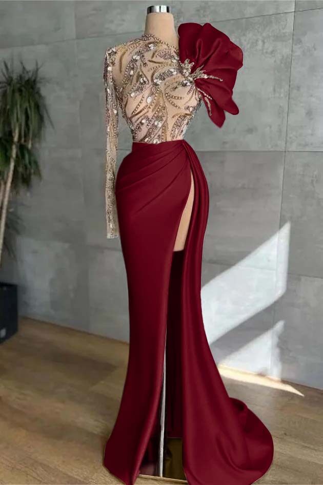 Pink Mermaid Prom Dress Long Sleeve Asymmetric Neck Beaded Formal Dress