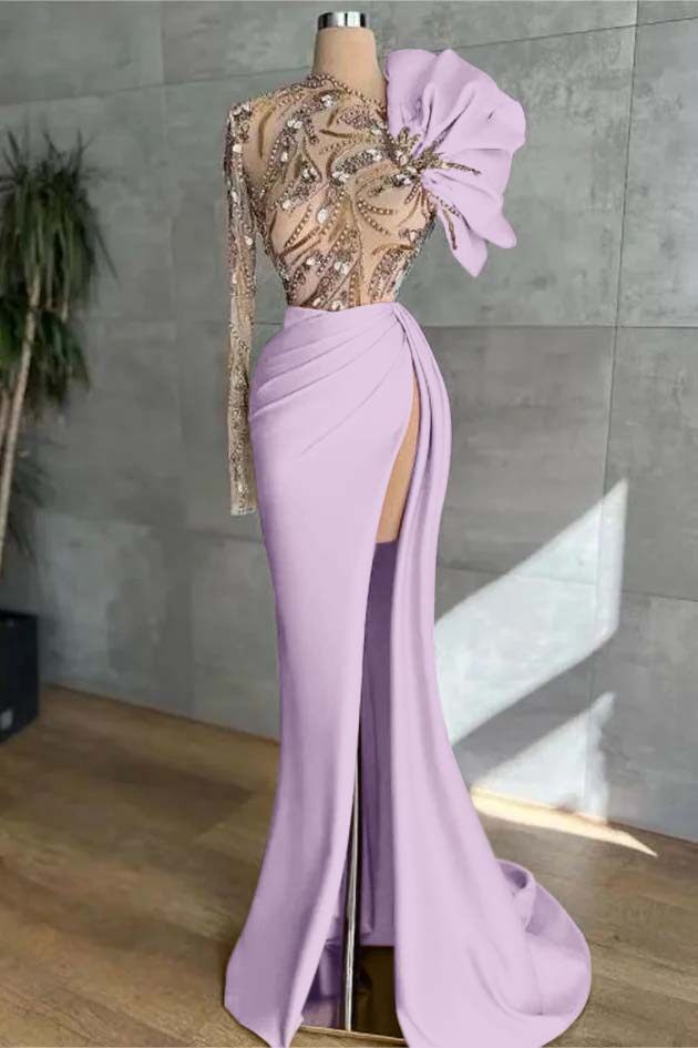 Pink Mermaid Prom Dress Long Sleeve Asymmetric Neck Beaded Formal Dress