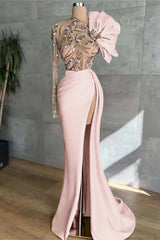 Pink Mermaid Prom Dress Long Sleeve Asymmetric Neck Beaded Formal Dress