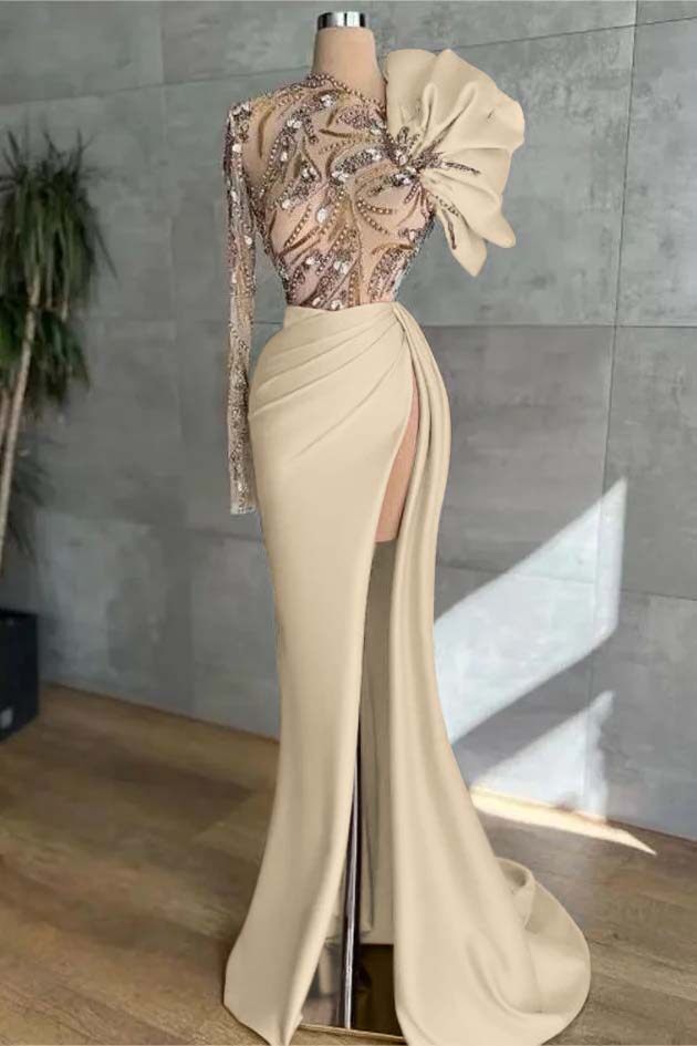 Pink Mermaid Prom Dress Long Sleeve Asymmetric Neck Beaded Formal Dress