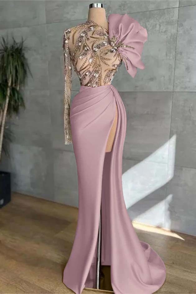 Pink Mermaid Prom Dress Long Sleeve Asymmetric Neck Beaded Formal Dress