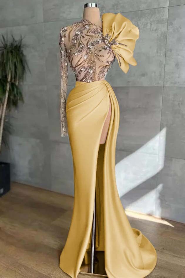 Pink Mermaid Prom Dress Long Sleeve Asymmetric Neck Beaded Formal Dress