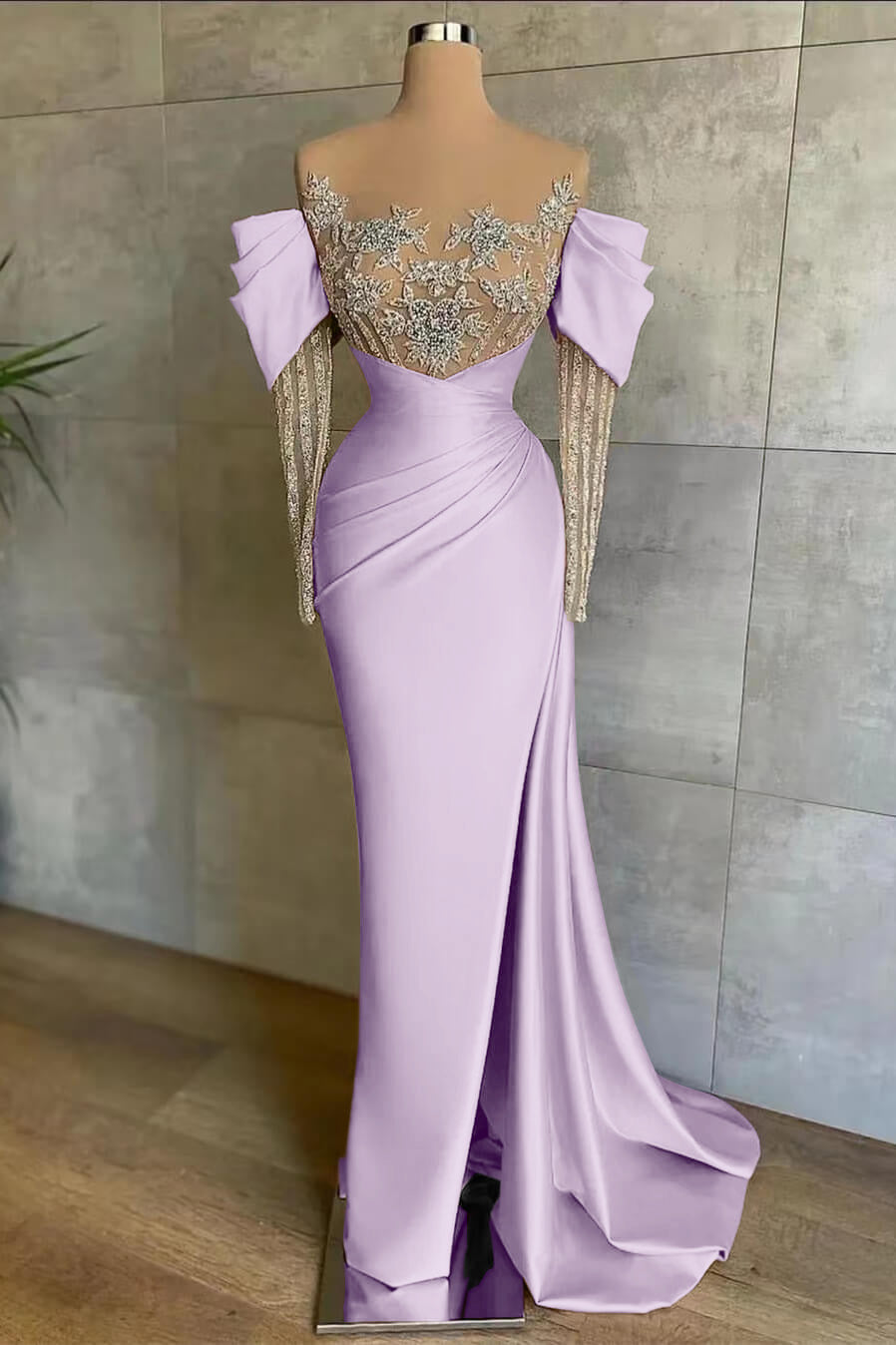 Pink Mermaid Prom Dress Long Sleeve Beaded Formal Dress