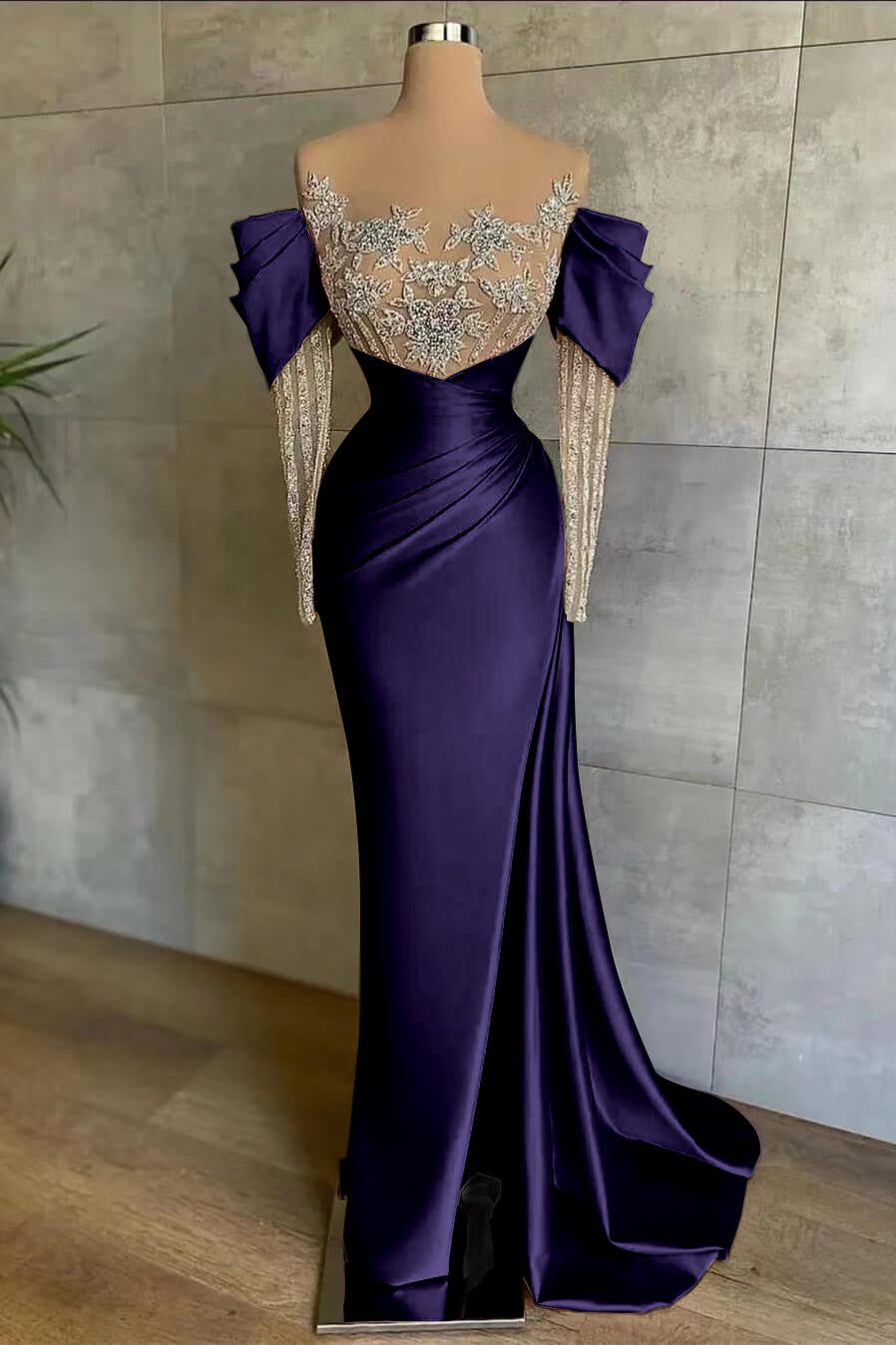 Pink Mermaid Prom Dress Long Sleeve Beaded Formal Dress