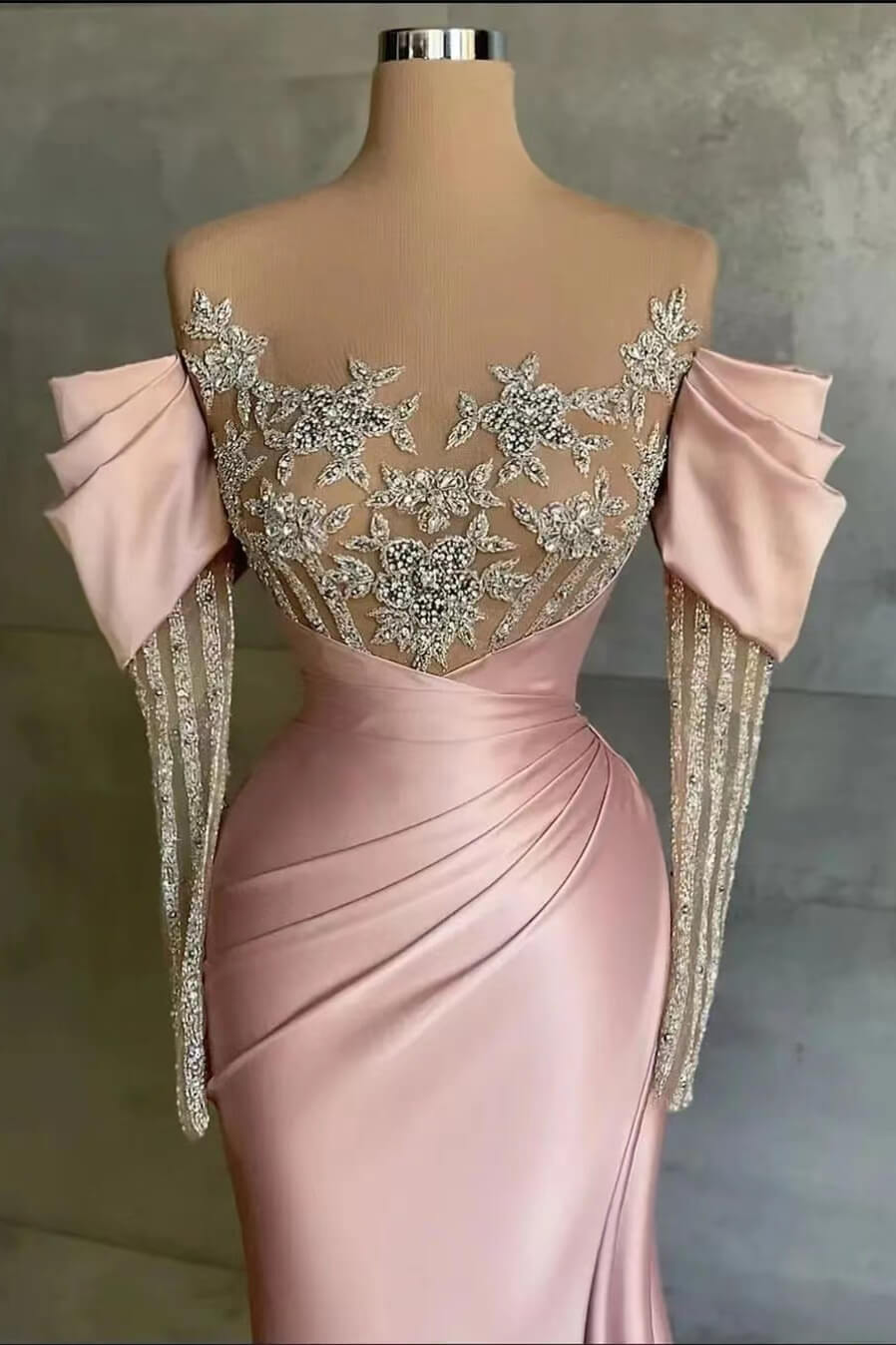 Pink Mermaid Prom Dress Long Sleeve Beaded Formal Dress