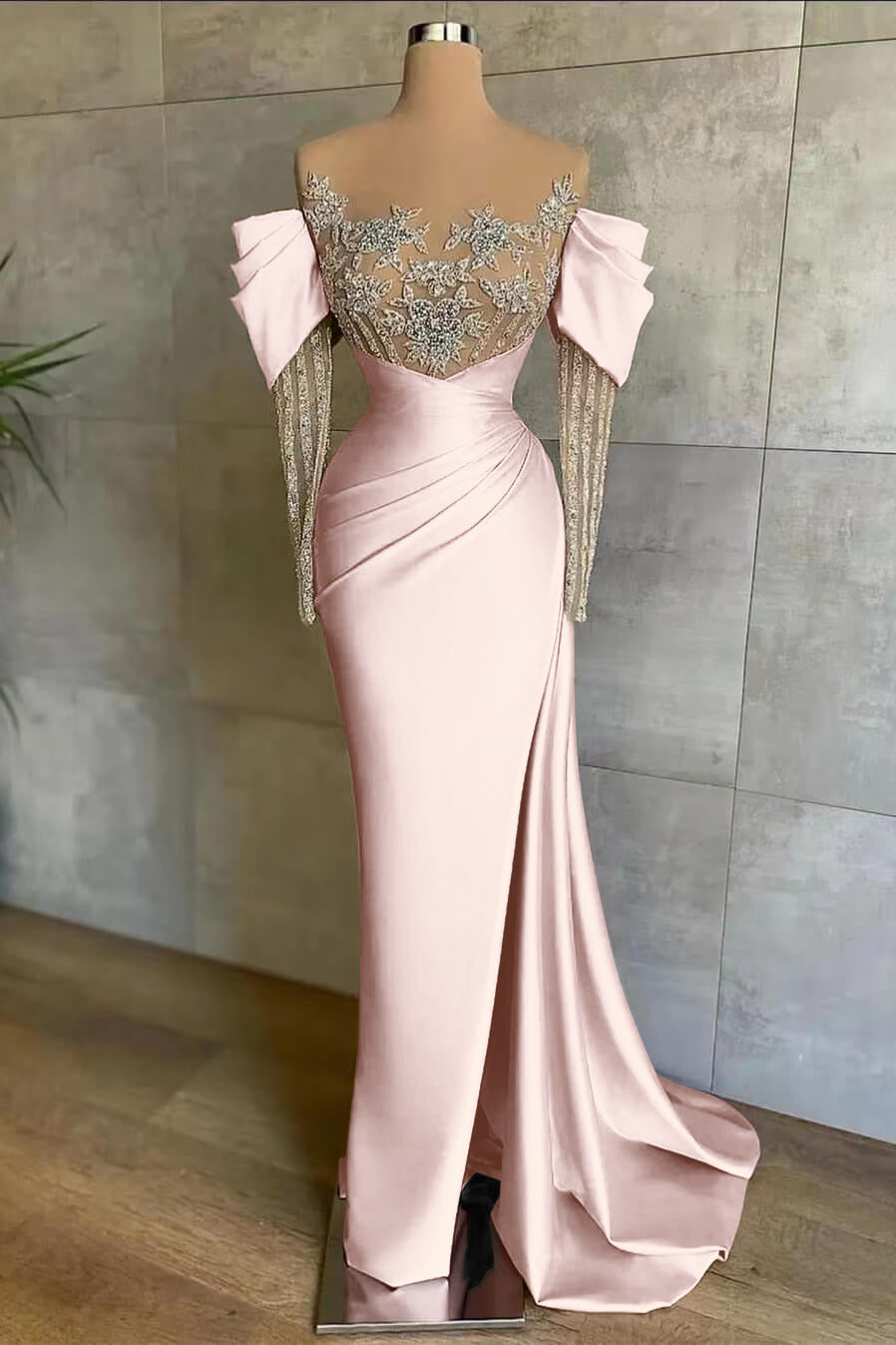Pink Mermaid Prom Dress Long Sleeve Beaded Formal Dress