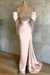 Pink Mermaid Prom Dress Long Sleeve Beaded Formal Dress