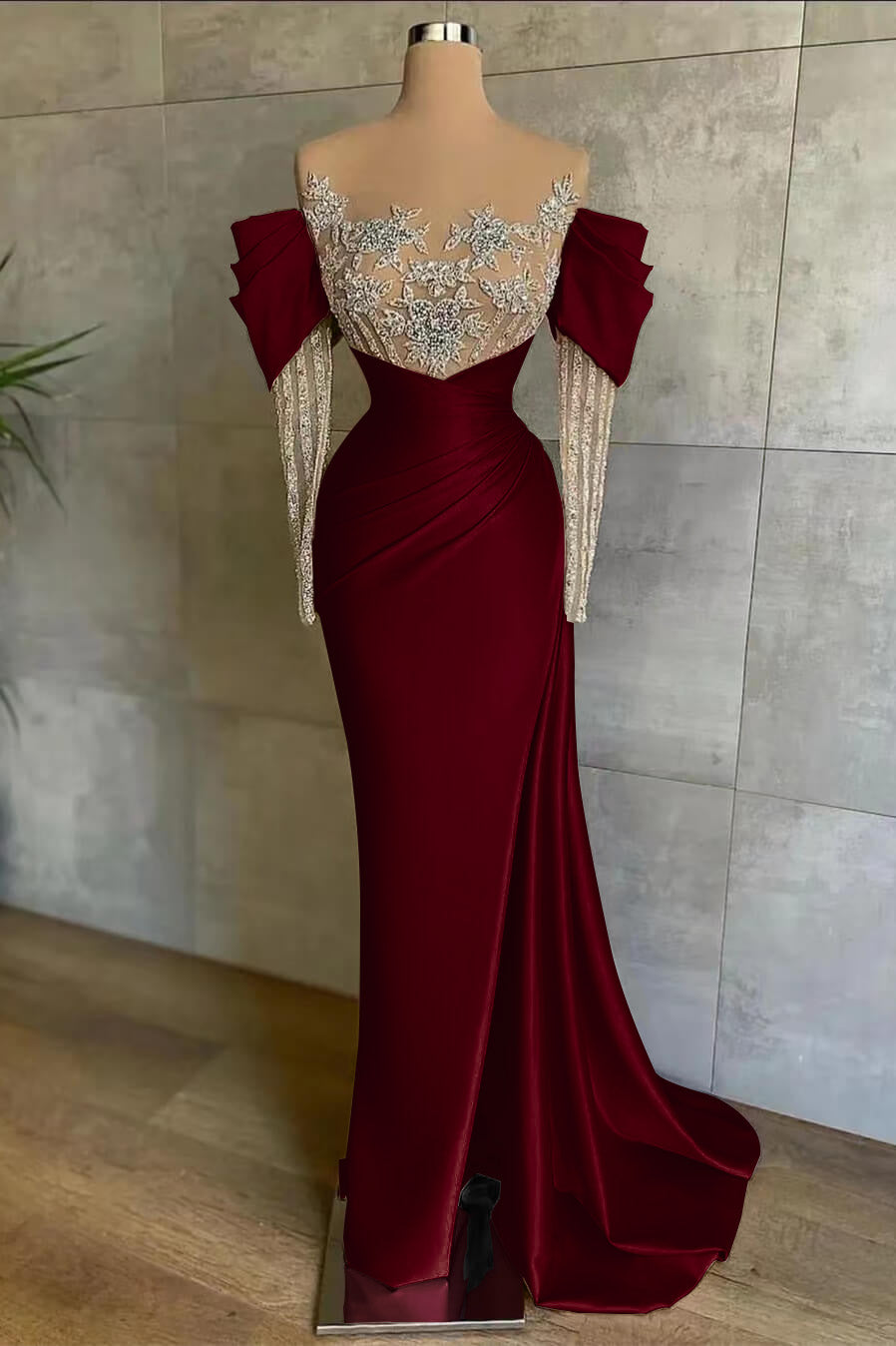 Pink Mermaid Prom Dress Long Sleeve Beaded Formal Dress