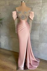 Pink Mermaid Prom Dress Long Sleeve Beaded Formal Dress