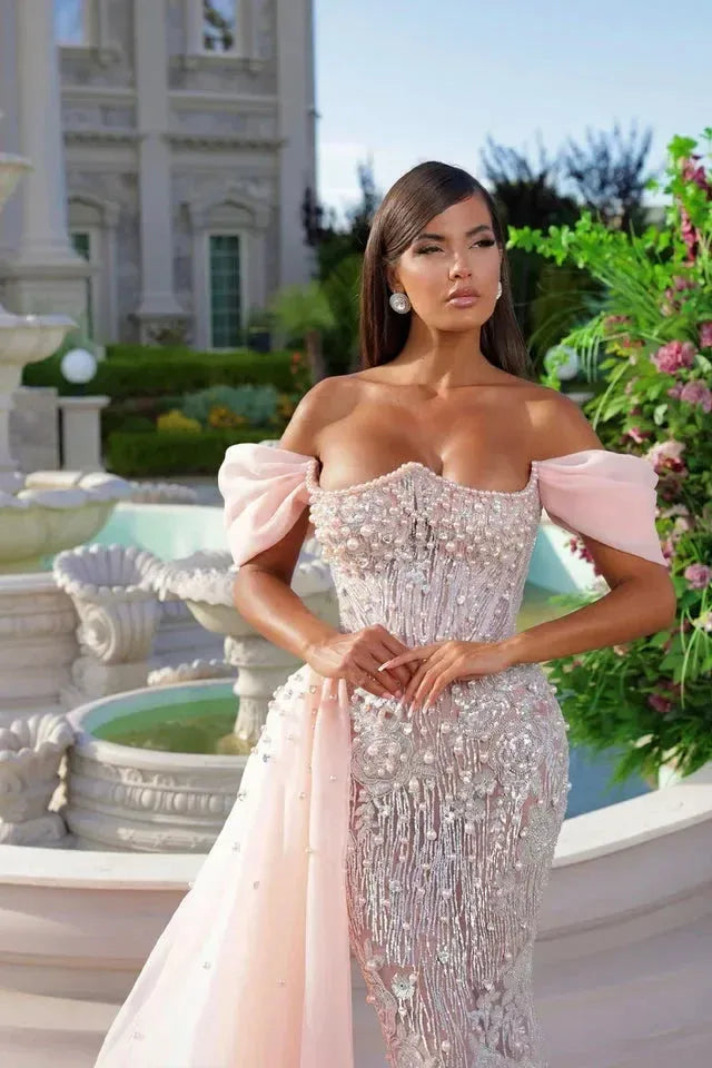 Pink Mermaid Prom Dress Off the Shoulder Beaded Formal Dress