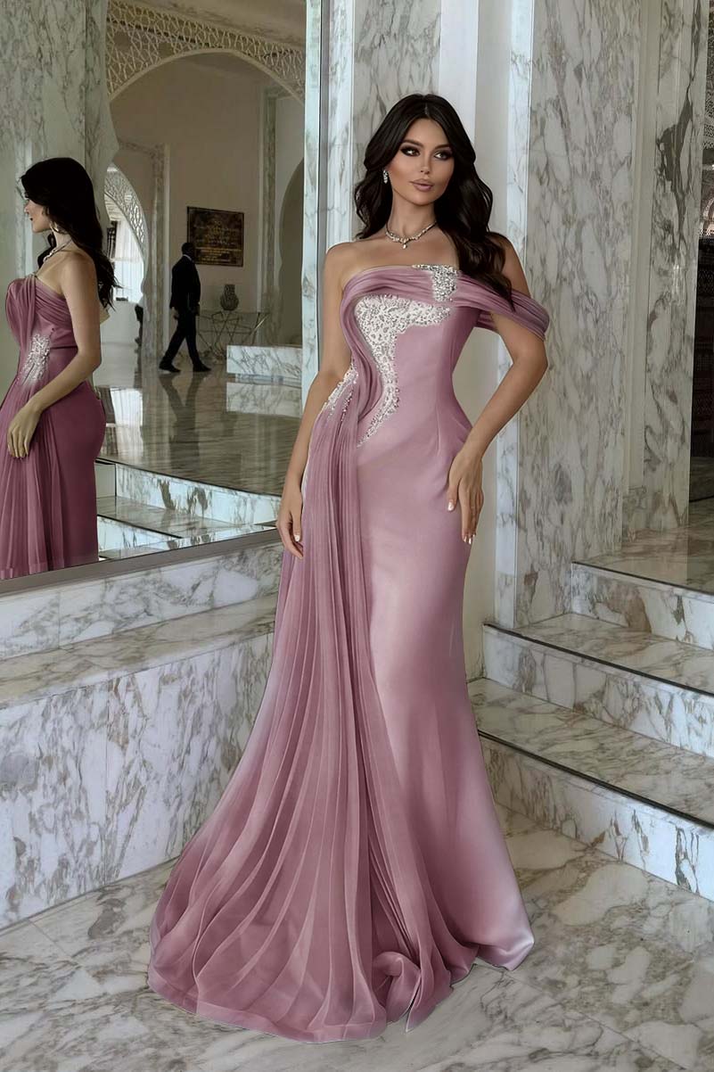 Pink Mermaid Prom Dress One Shoulder Beaded Formal Dress